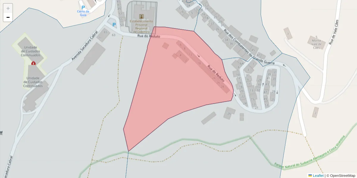 Mapa detalhado do código postal 7630-128 com limites, códigos postais vizinhos e agências dos correios