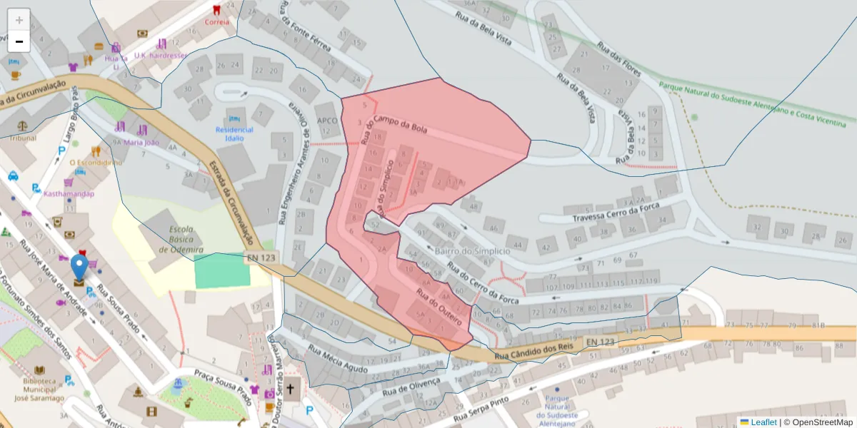 Mapa detalhado do código postal 7630-129 com limites, códigos postais vizinhos e agências dos correios