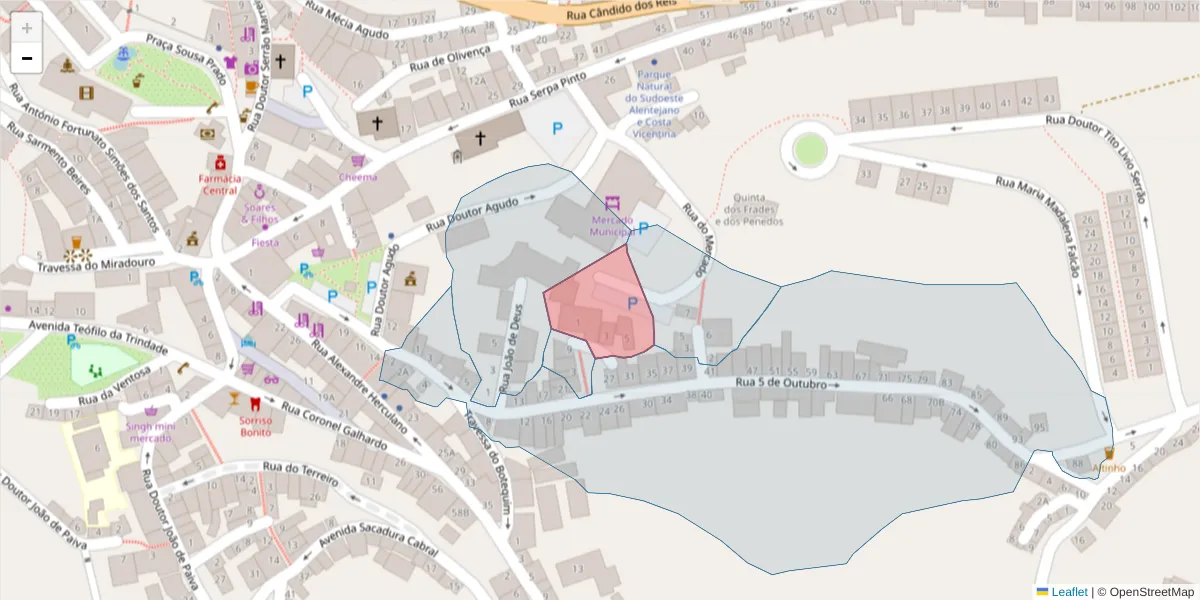 Mapa detalhado do código postal 7630-134 com limites, códigos postais vizinhos e agências dos correios