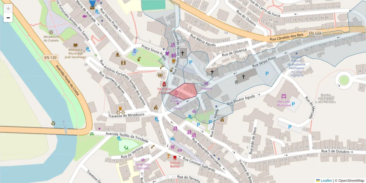 Mapa detalhado do código postal 7630-144 com limites, códigos postais vizinhos e agências dos correios
