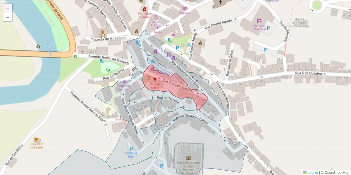 Mapa detalhado do código postal 7630-153 com limites, códigos postais vizinhos e agências dos correios
