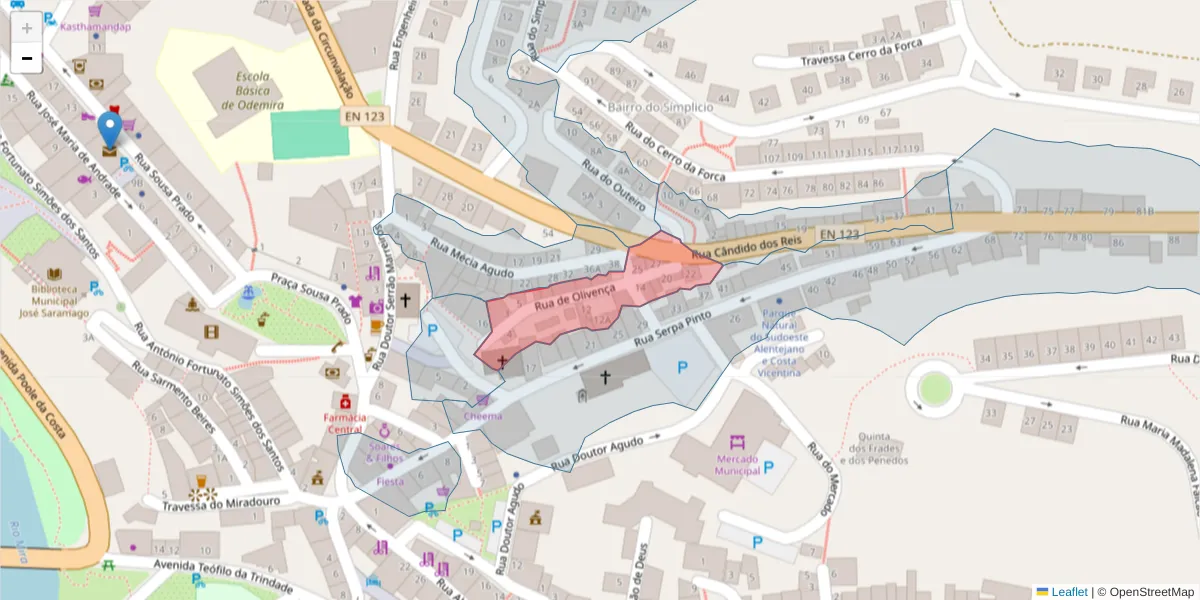 Mapa detalhado do código postal 7630-156 com limites, códigos postais vizinhos e agências dos correios