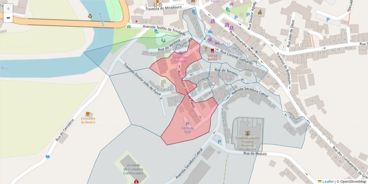 Mapa detalhado do código postal 7630-161 com limites, códigos postais vizinhos e agências dos correios