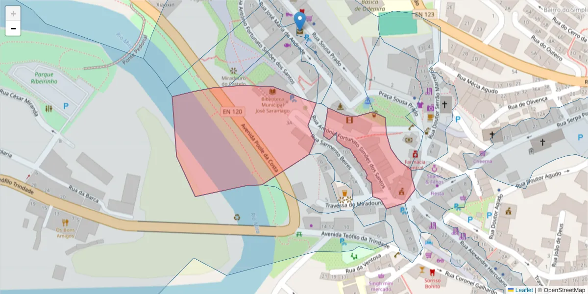 Mapa detalhado do código postal 7630-164 com limites, códigos postais vizinhos e agências dos correios