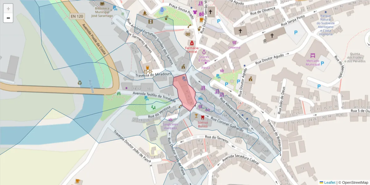 Mapa detalhado do código postal 7630-169 com limites, códigos postais vizinhos e agências dos correios