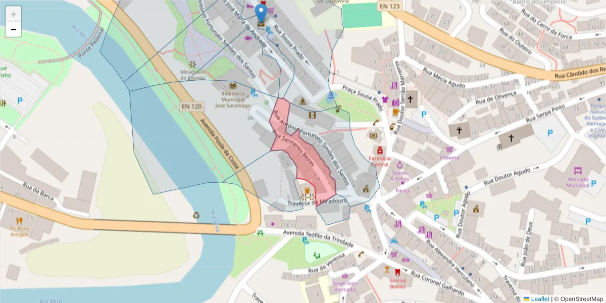 Mapa detalhado do código postal 7630-173 com limites, códigos postais vizinhos e agências dos correios