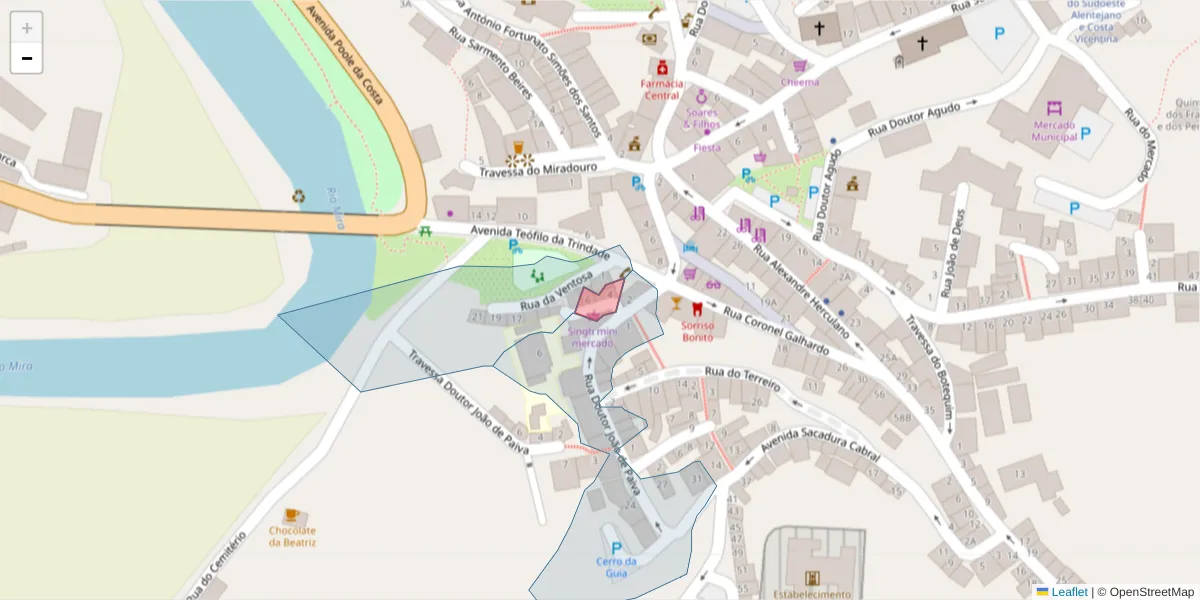 Mapa detalhado do código postal 7630-183 com limites, códigos postais vizinhos e agências dos correios
