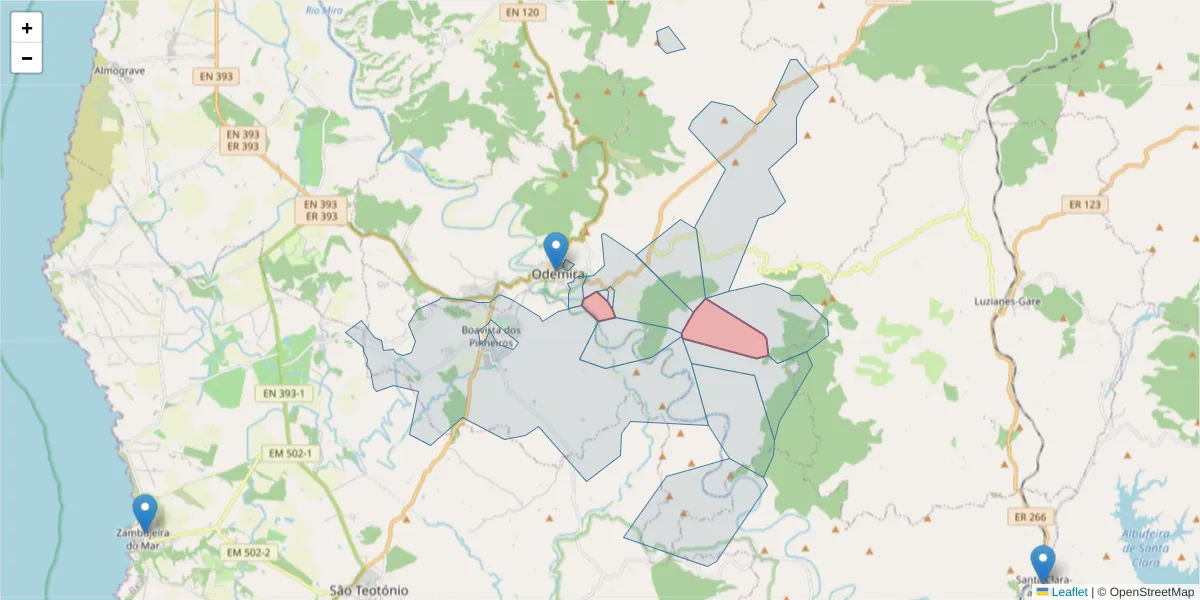 Mapa detalhado do código postal 7630-224 com limites, códigos postais vizinhos e agências dos correios