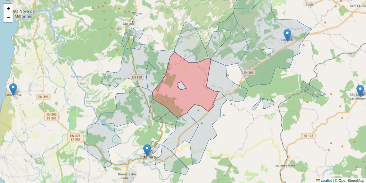 Mapa detalhado do código postal 7630-251 com limites, códigos postais vizinhos e agências dos correios