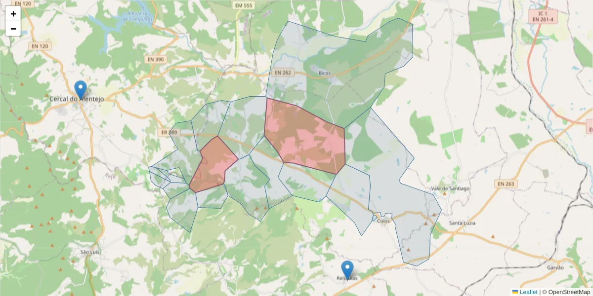 Mapa detalhado do código postal 7630-288 com limites, códigos postais vizinhos e agências dos correios