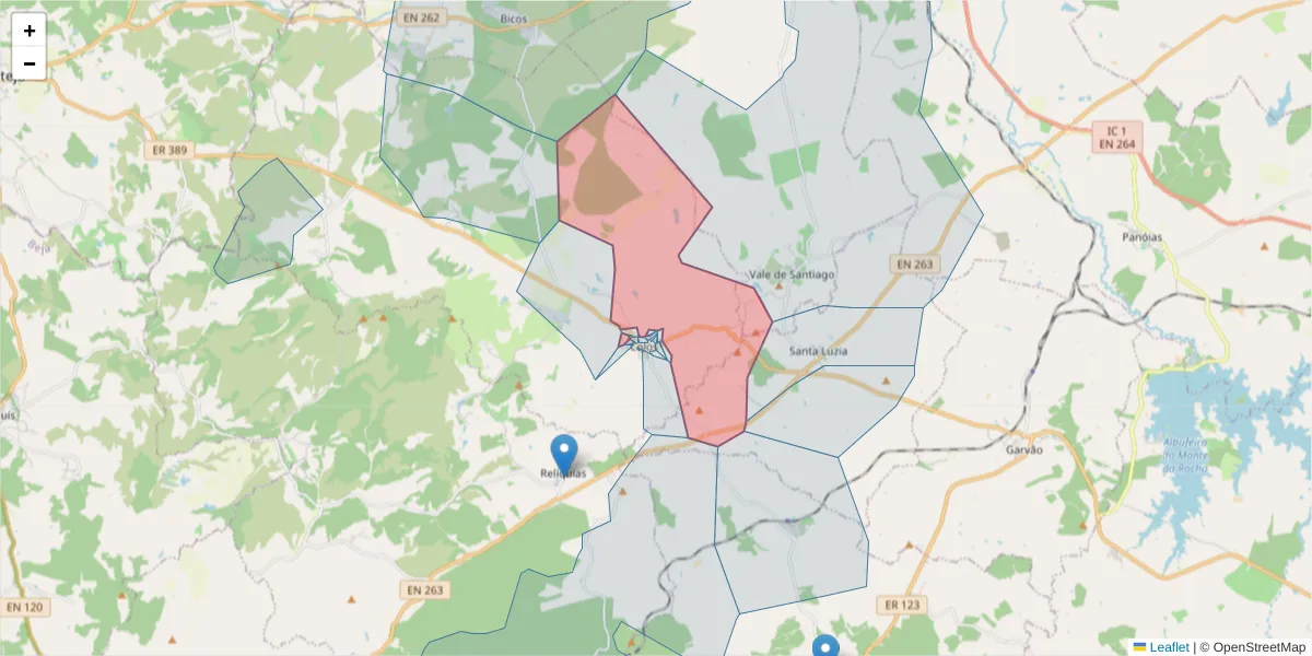 Mapa detalhado do código postal 7630-291 com limites, códigos postais vizinhos e agências dos correios