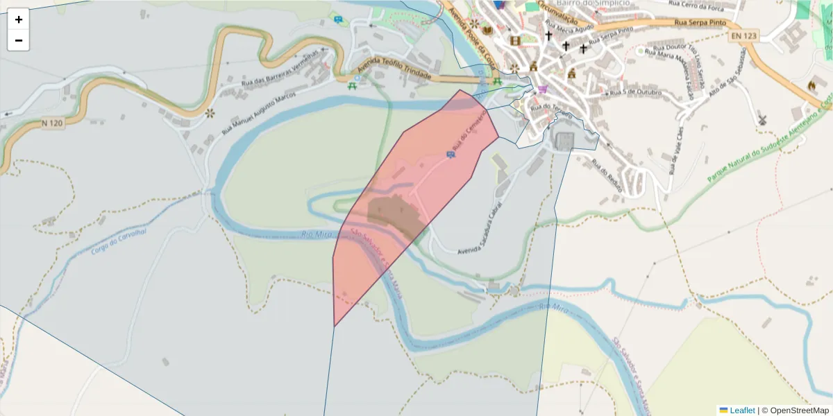 Mapa detalhado do código postal 7630-300 com limites, códigos postais vizinhos e agências dos correios