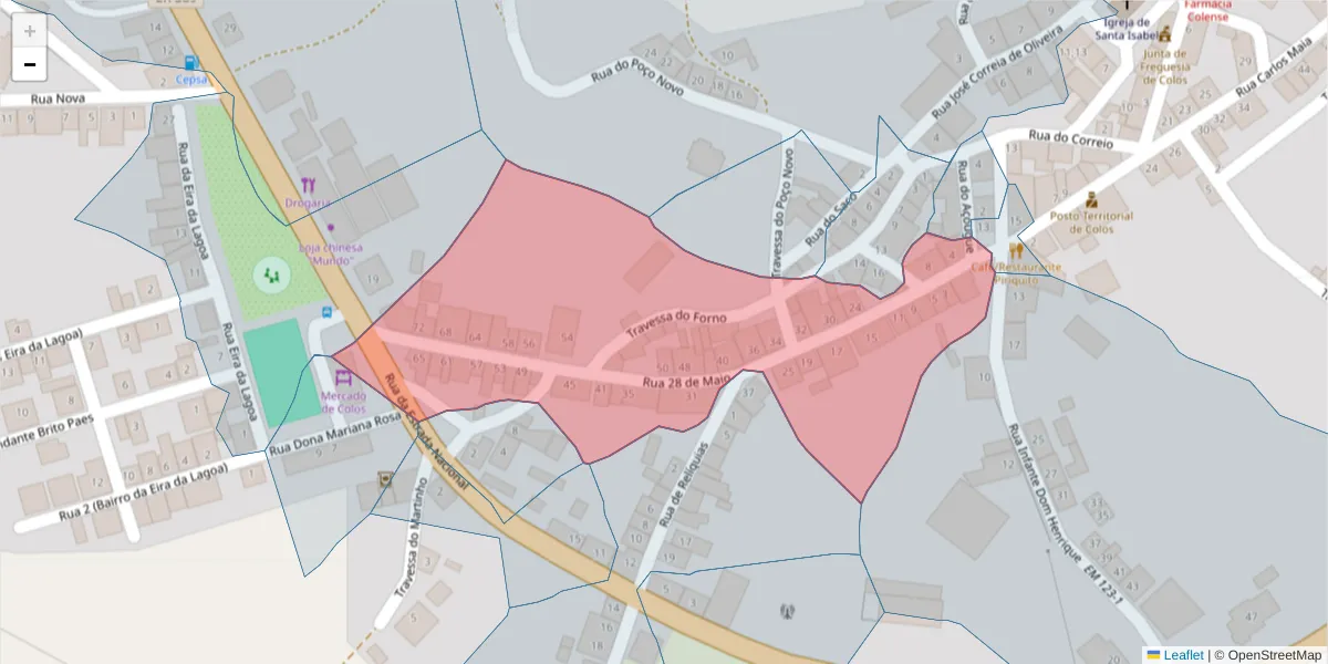 Mapa detalhado do código postal 7630-303 com limites, códigos postais vizinhos e agências dos correios
