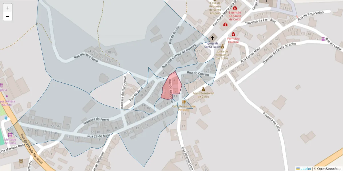 Mapa detalhado do código postal 7630-305 com limites, códigos postais vizinhos e agências dos correios