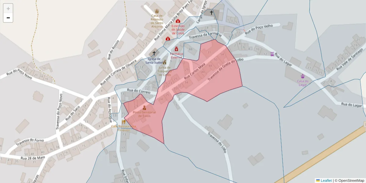 Mapa detalhado do código postal 7630-307 com limites, códigos postais vizinhos e agências dos correios