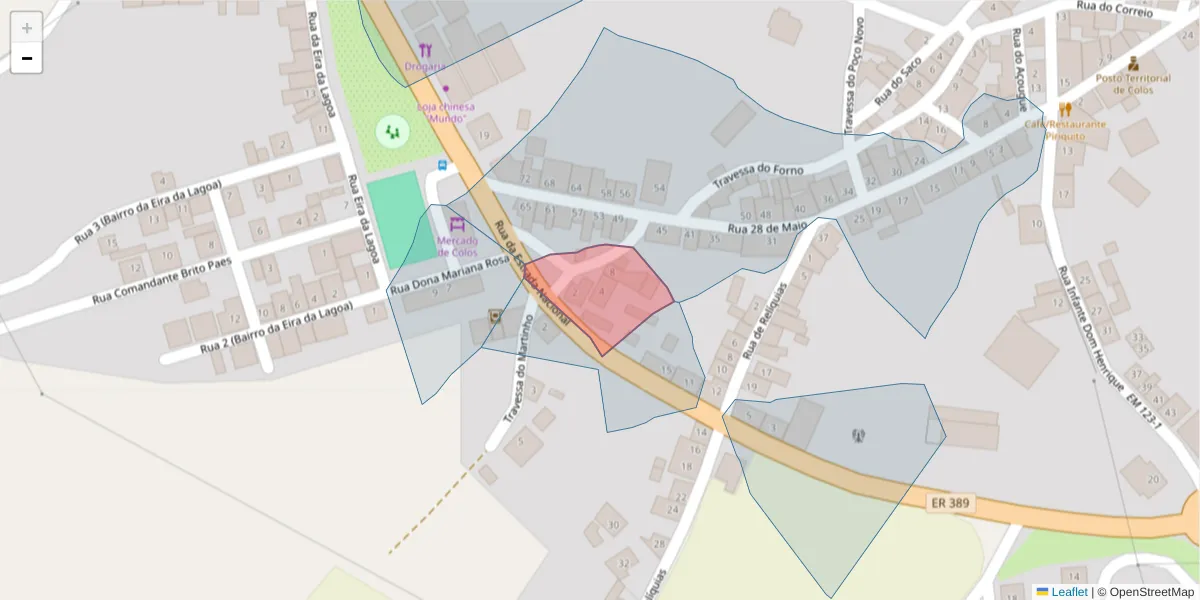 Mapa detalhado do código postal 7630-308 com limites, códigos postais vizinhos e agências dos correios