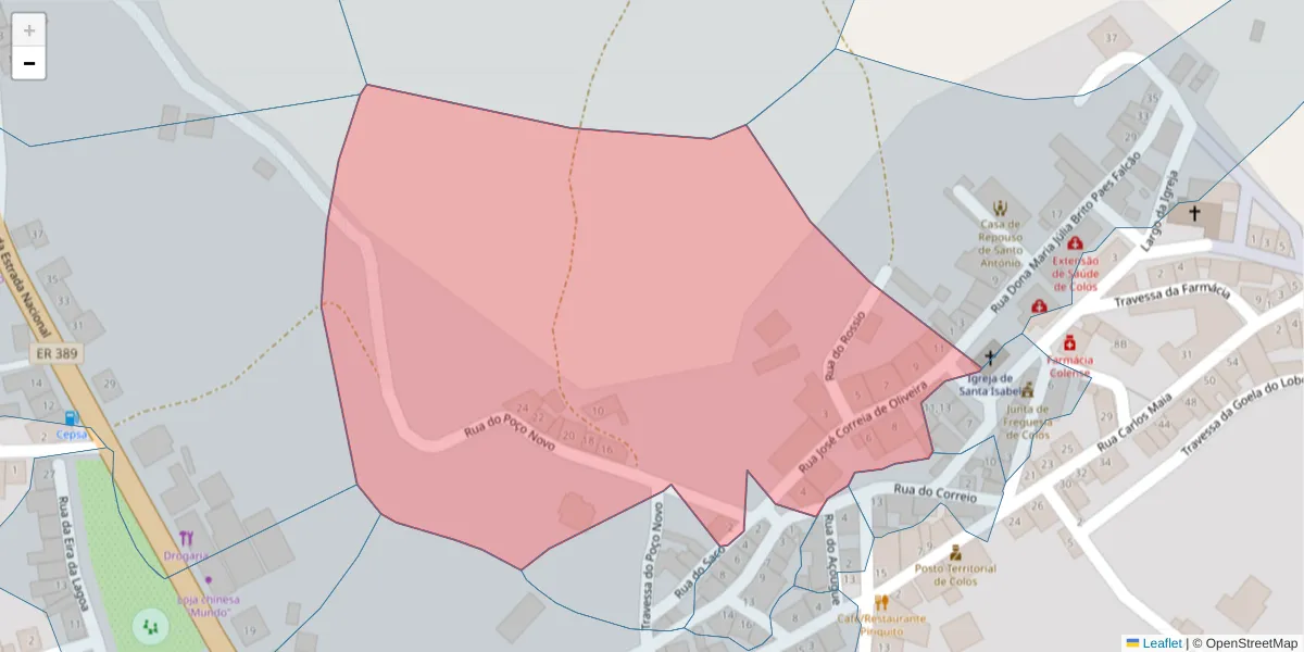 Mapa detalhado do código postal 7630-321 com limites, códigos postais vizinhos e agências dos correios