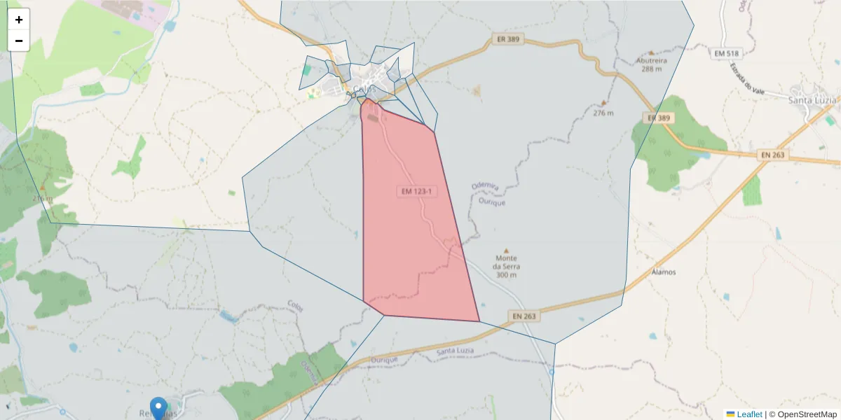 Mapa detalhado do código postal 7630-330 com limites, códigos postais vizinhos e agências dos correios