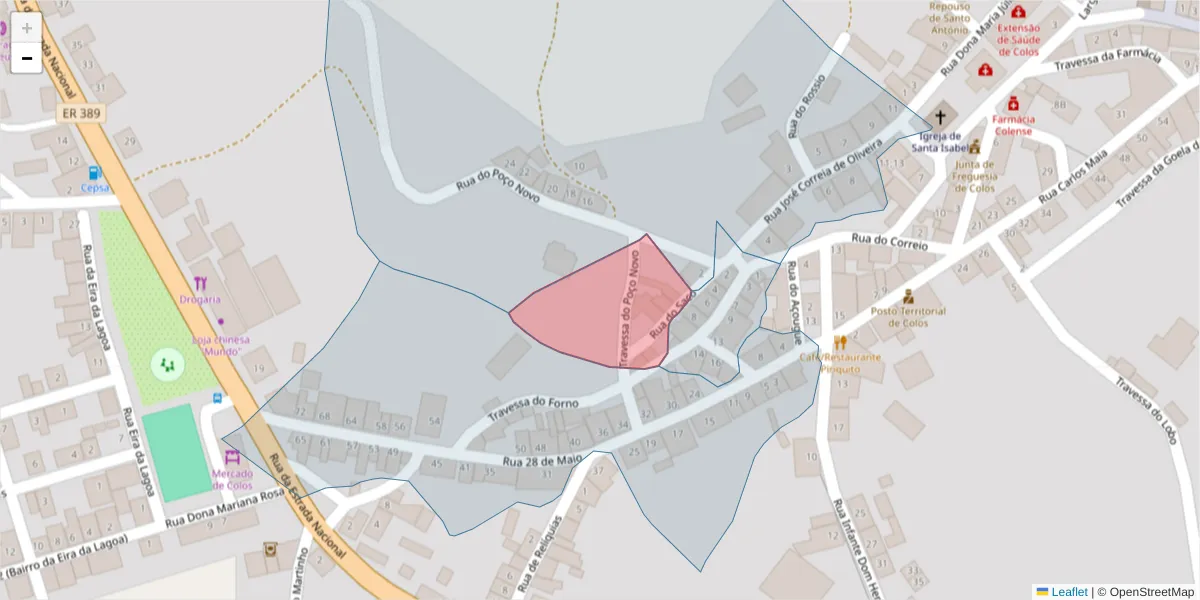 Mapa detalhado do código postal 7630-335 com limites, códigos postais vizinhos e agências dos correios