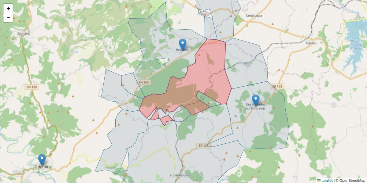 Mapa detalhado do código postal 7630-388 com limites, códigos postais vizinhos e agências dos correios