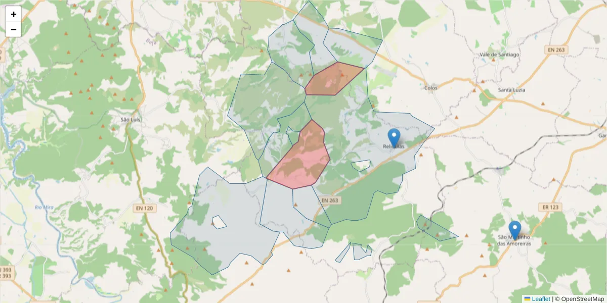 Mapa detalhado do código postal 7630-394 com limites, códigos postais vizinhos e agências dos correios
