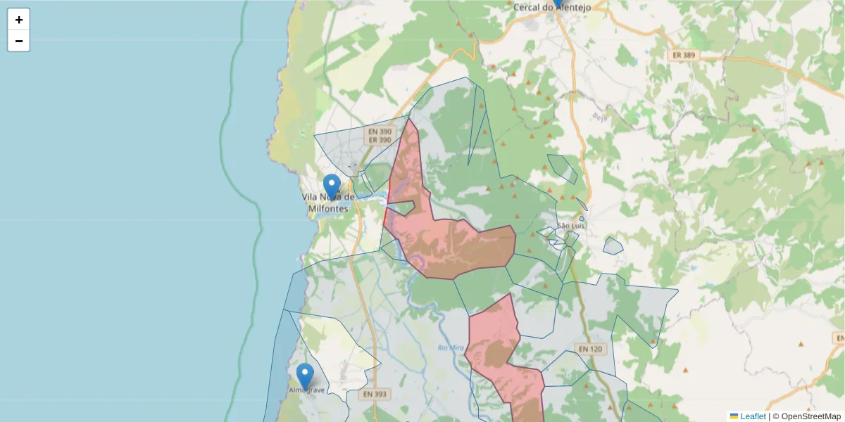 Mapa detalhado do código postal 7630-435 com limites, códigos postais vizinhos e agências dos correios