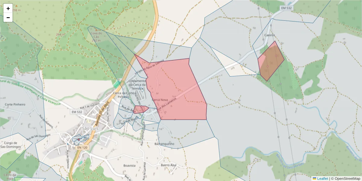 Mapa detalhado do código postal 7630-438 com limites, códigos postais vizinhos e agências dos correios