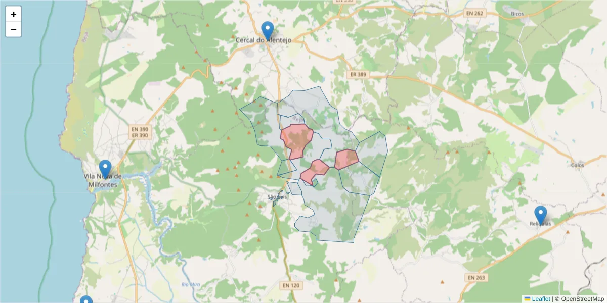 Mapa detalhado do código postal 7630-443 com limites, códigos postais vizinhos e agências dos correios