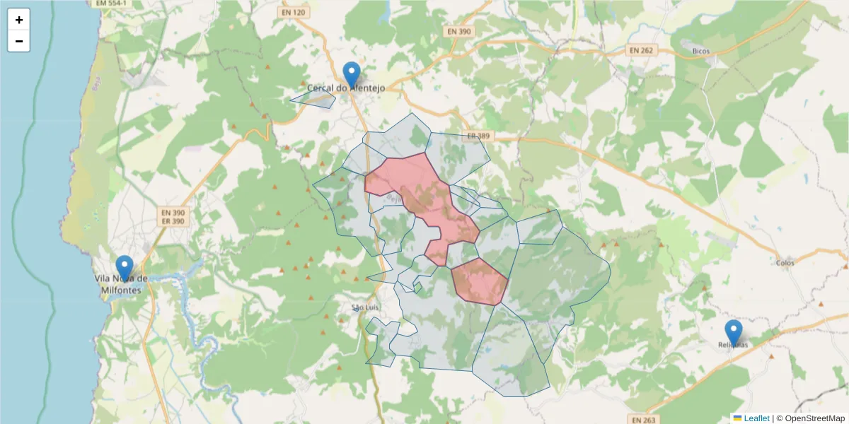 Mapa detalhado do código postal 7630-446 com limites, códigos postais vizinhos e agências dos correios