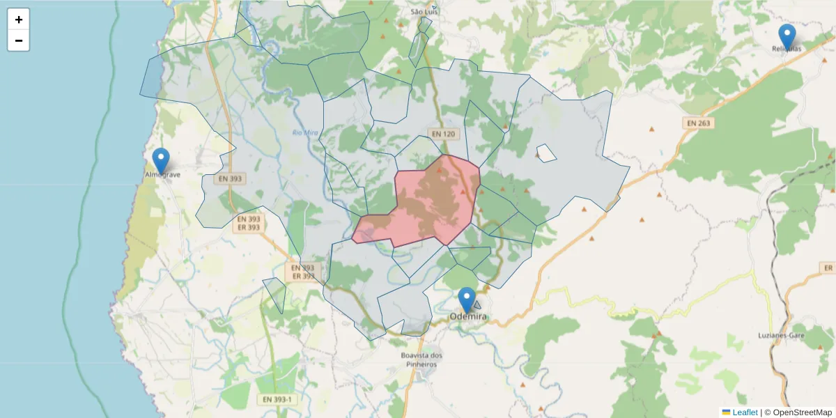 Mapa detalhado do código postal 7630-448 com limites, códigos postais vizinhos e agências dos correios