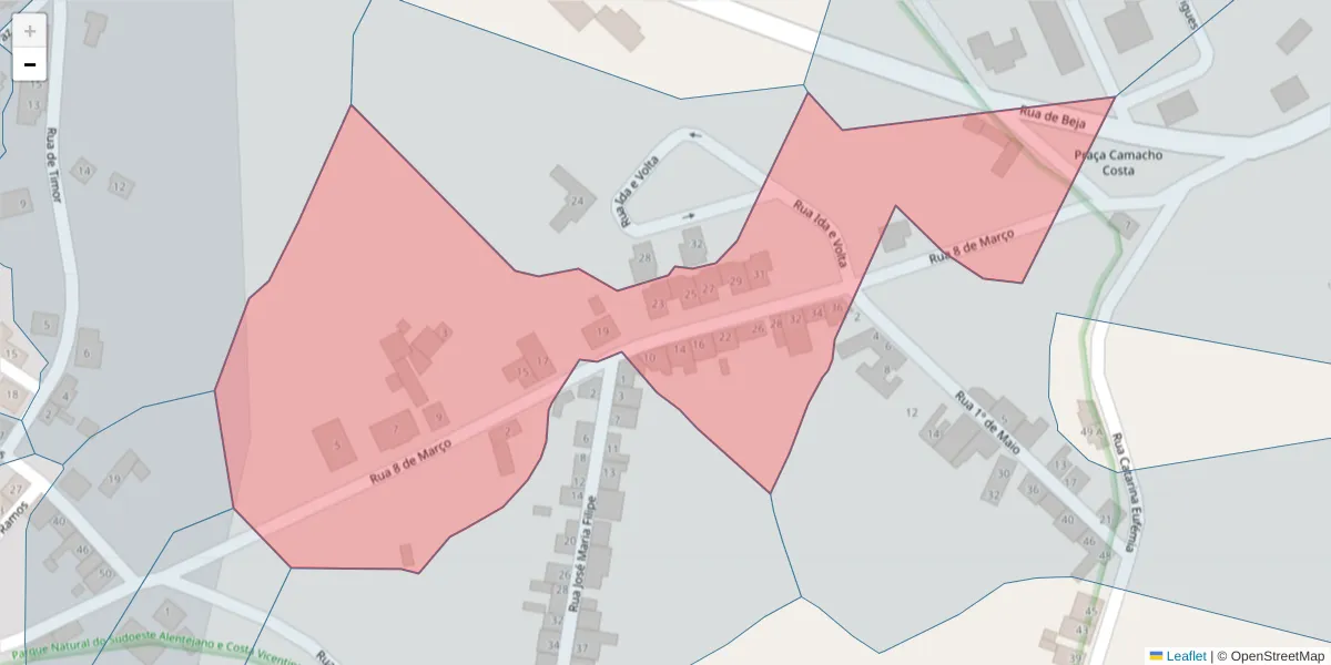 Mapa detalhado do código postal 7630-453 com limites, códigos postais vizinhos e agências dos correios