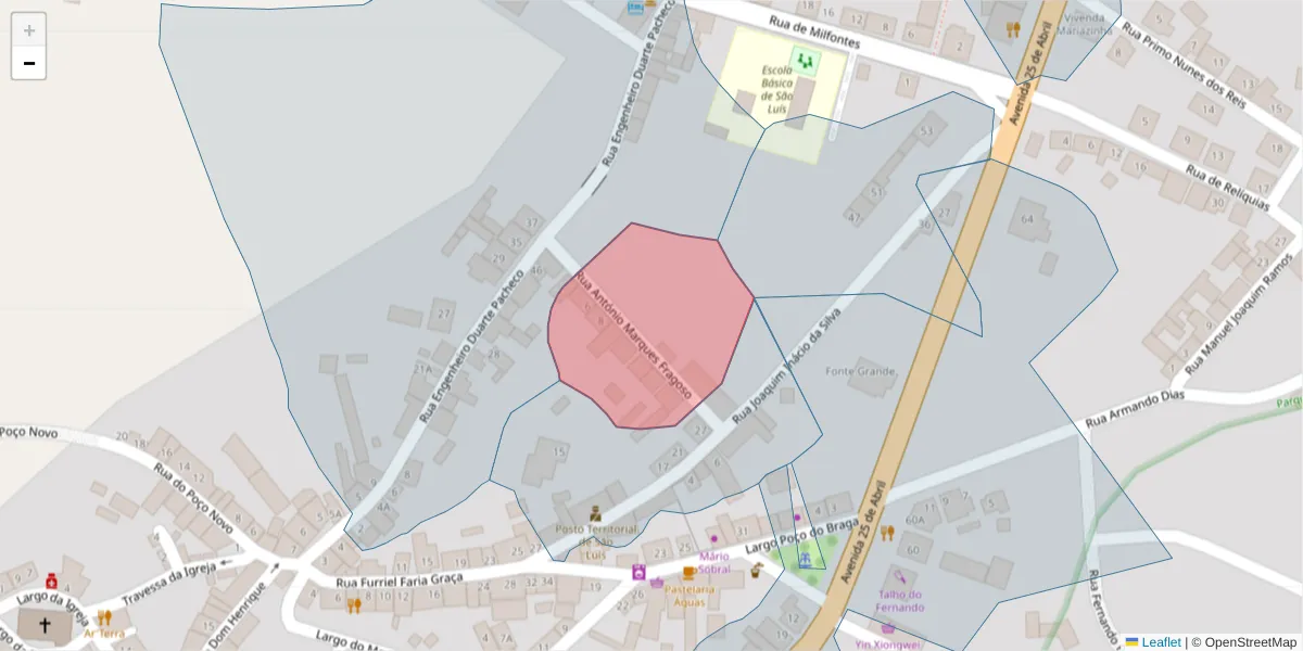 Mapa detalhado do código postal 7630-456 com limites, códigos postais vizinhos e agências dos correios