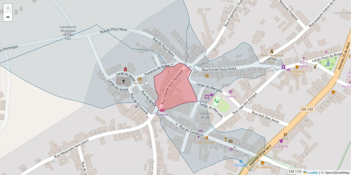 Mapa detalhado do código postal 7630-465 com limites, códigos postais vizinhos e agências dos correios