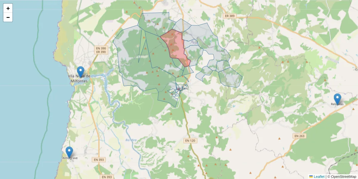 Mapa detalhado do código postal 7630-466 com limites, códigos postais vizinhos e agências dos correios