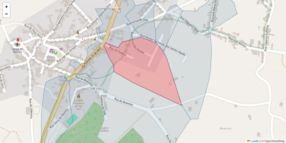 Mapa detalhado do código postal 7630-477 com limites, códigos postais vizinhos e agências dos correios