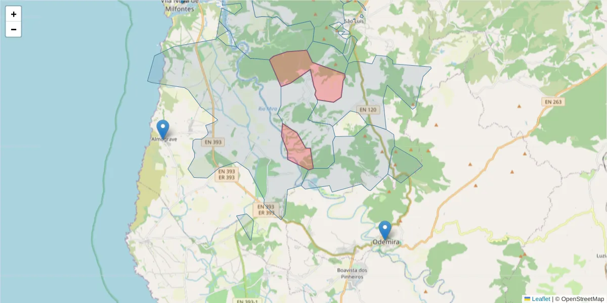 Mapa detalhado do código postal 7630-489 com limites, códigos postais vizinhos e agências dos correios