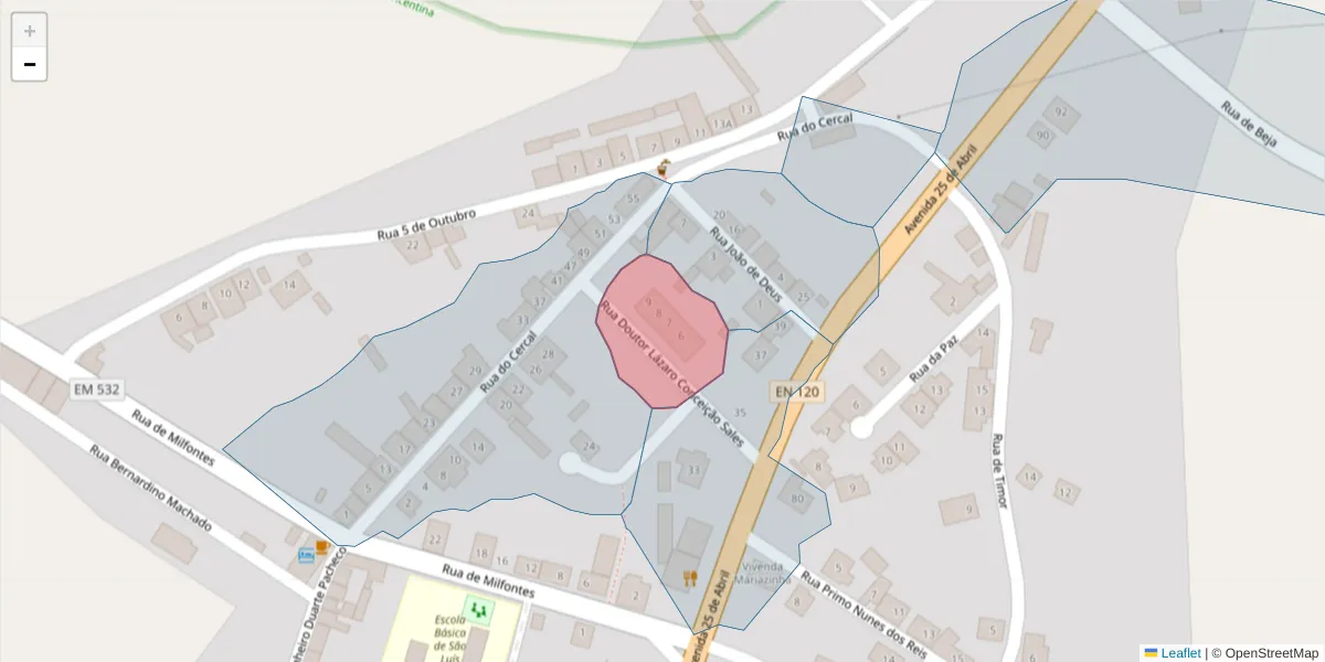 Mapa detalhado do código postal 7630-494 com limites, códigos postais vizinhos e agências dos correios