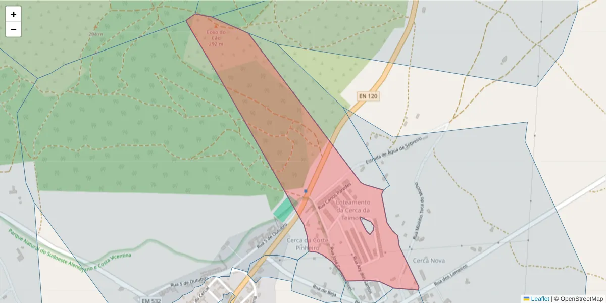 Mapa detalhado do código postal 7630-500 com limites, códigos postais vizinhos e agências dos correios