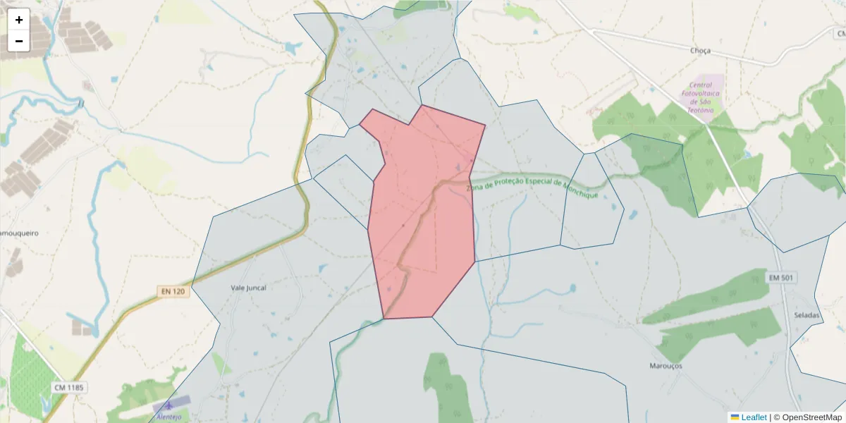 Mapa detalhado do código postal 7630-573 com limites, códigos postais vizinhos e agências dos correios