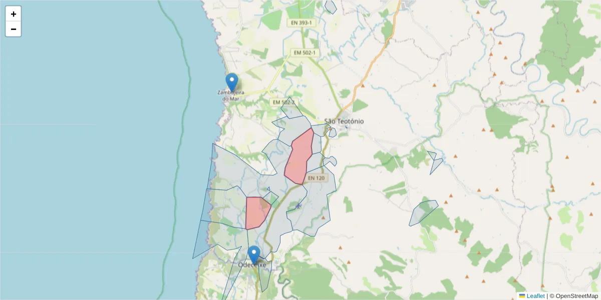 Mapa detalhado do código postal 7630-575 com limites, códigos postais vizinhos e agências dos correios