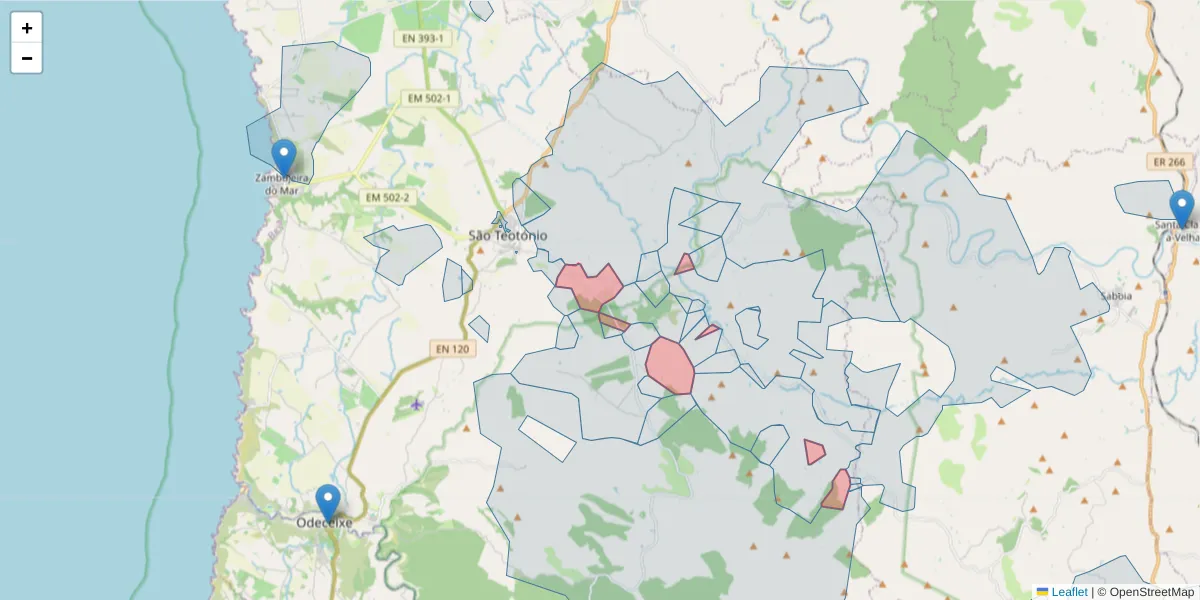 Mapa detalhado do código postal 7630-577 com limites, códigos postais vizinhos e agências dos correios
