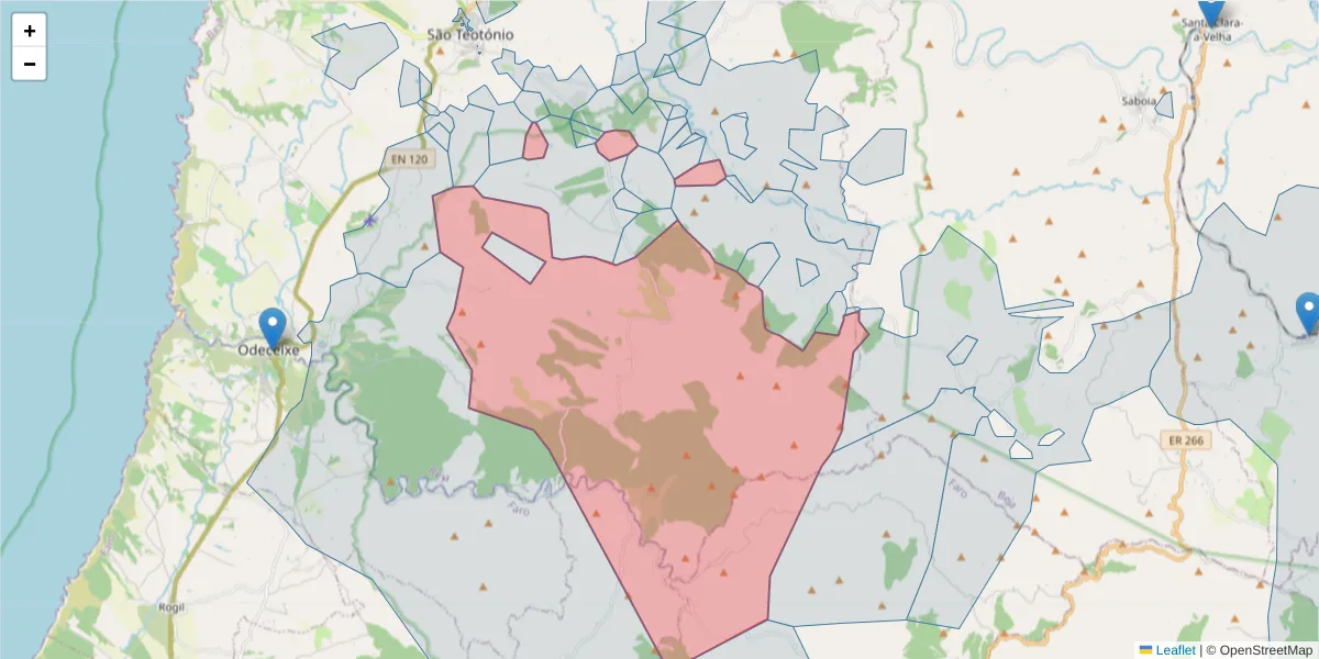 Mapa detalhado do código postal 7630-590 com limites, códigos postais vizinhos e agências dos correios