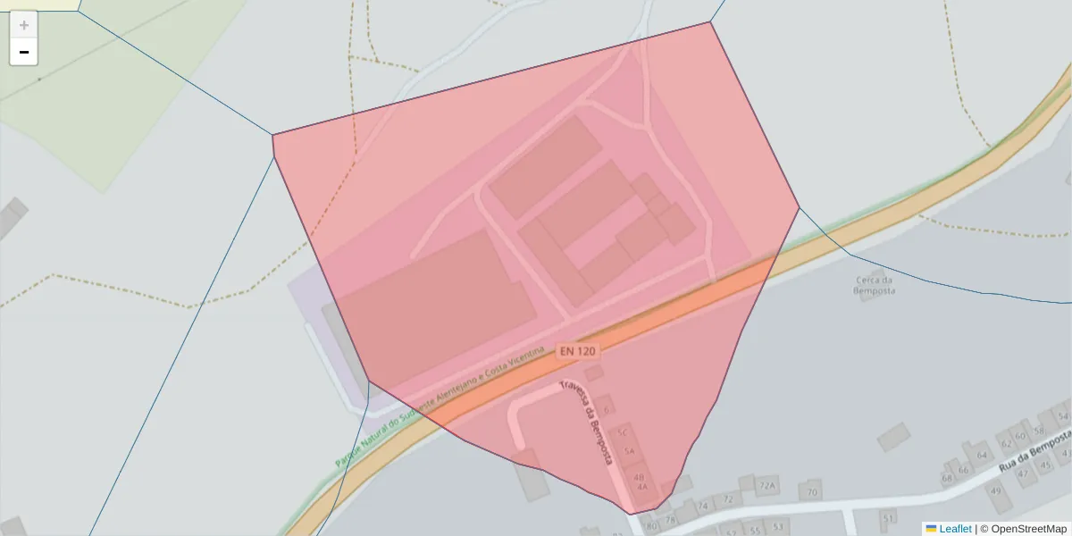 Mapa detalhado do código postal 7630-615 com limites, códigos postais vizinhos e agências dos correios