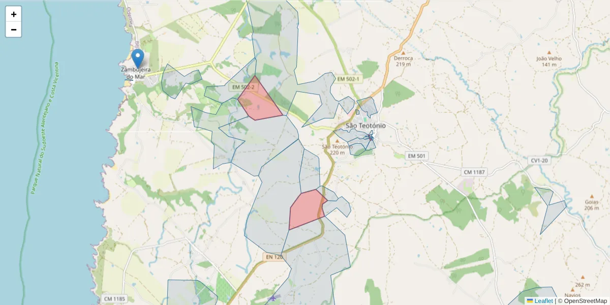 Mapa detalhado do código postal 7630-628 com limites, códigos postais vizinhos e agências dos correios
