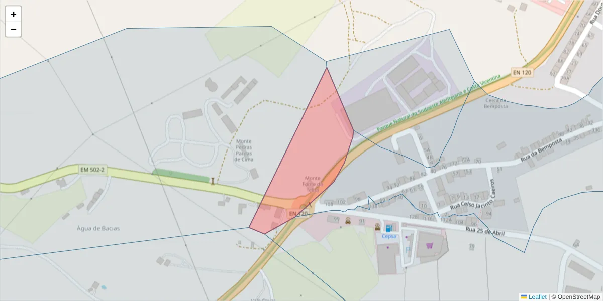 Mapa detalhado do código postal 7630-647 com limites, códigos postais vizinhos e agências dos correios