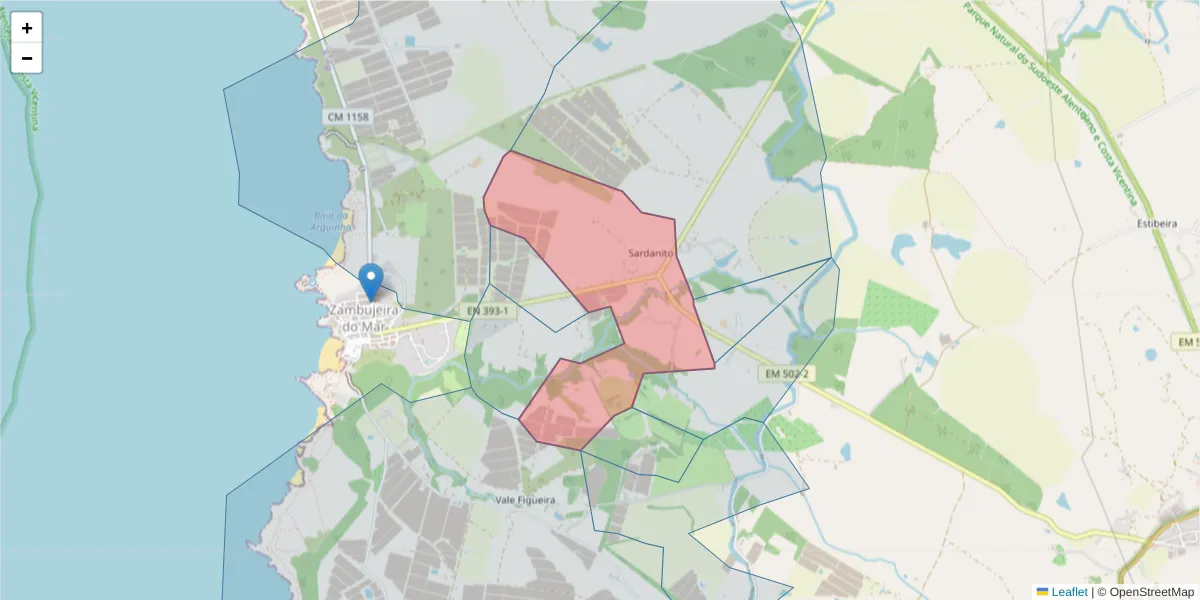 Mapa detalhado do código postal 7630-732 com limites, códigos postais vizinhos e agências dos correios