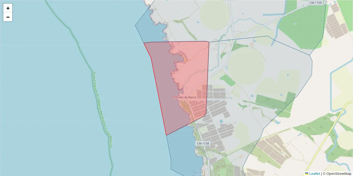 Mapa detalhado do código postal 7630-734 com limites, códigos postais vizinhos e agências dos correios