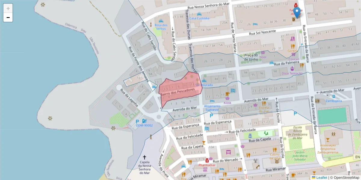 Mapa detalhado do código postal 7630-795 com limites, códigos postais vizinhos e agências dos correios