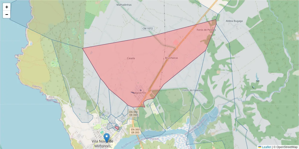 Mapa detalhado do código postal 7645-012 com limites, códigos postais vizinhos e agências dos correios