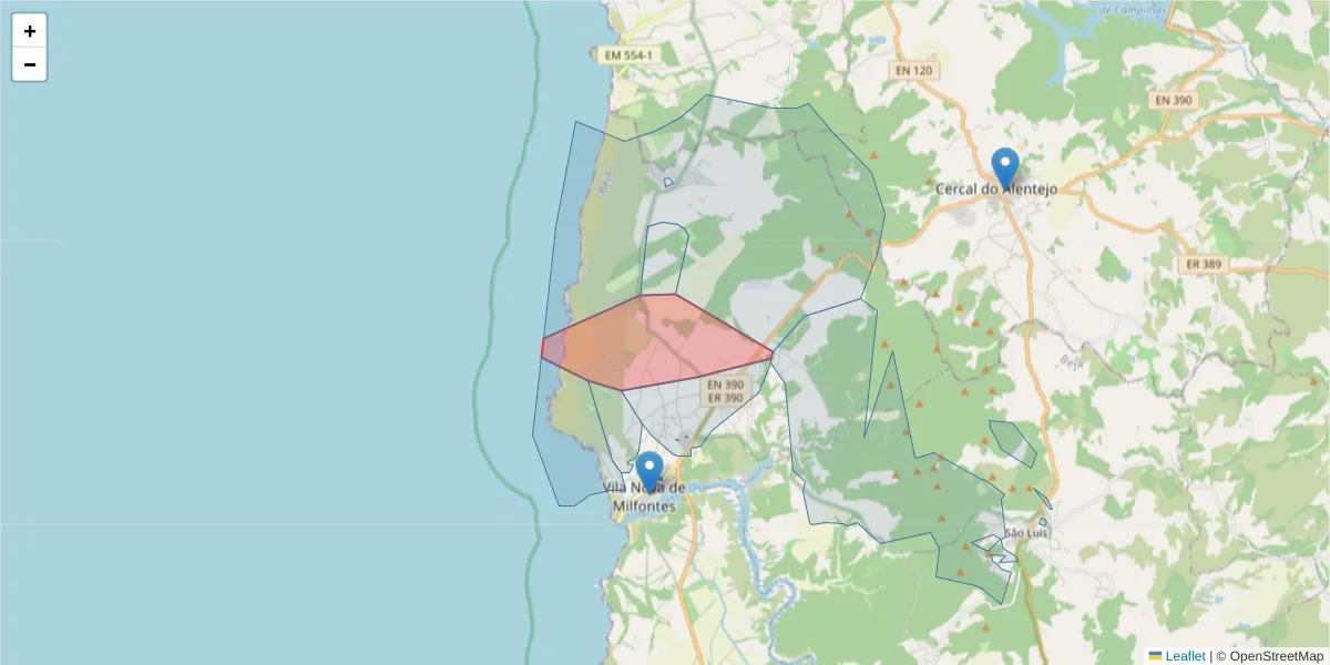 Mapa detalhado do código postal 7645-041 com limites, códigos postais vizinhos e agências dos correios